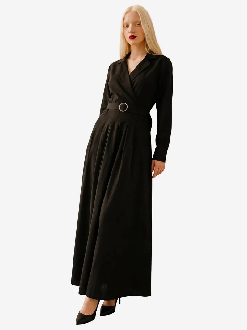 MY FASHION Belted Long Sleeve Maxi Dress